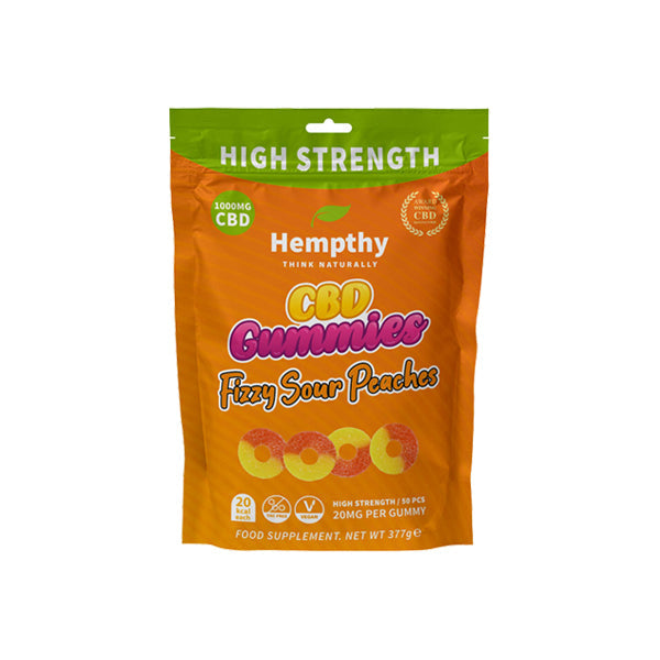 Hempthy 1000mg CBD Fizzy Sour Peach Rings Gummies - 50 Pieces - Vape Center